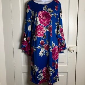 Shelby & Palmer Blue /Hot Pink Floral /Bell Sleeves Size 8 Ladies Dress